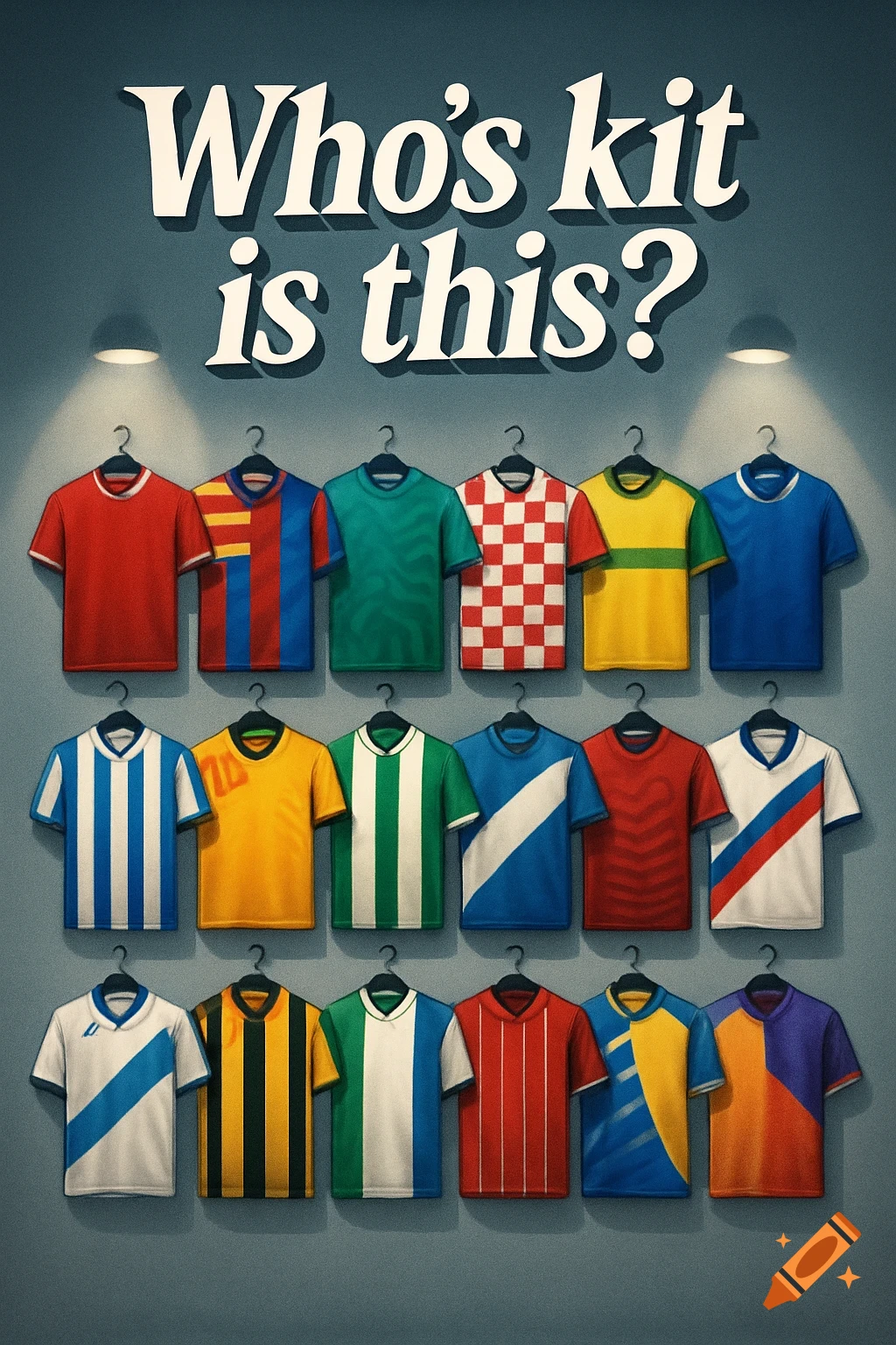 Fifteen colorful football jerseys hang on a wall under spotlights, with the question 'Who's kit is this?' written above.