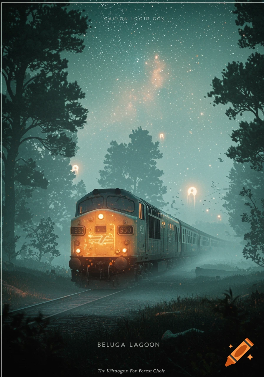 A glowing train moves through a dark, misty forest at night under a starry sky with floating ethereal lights.