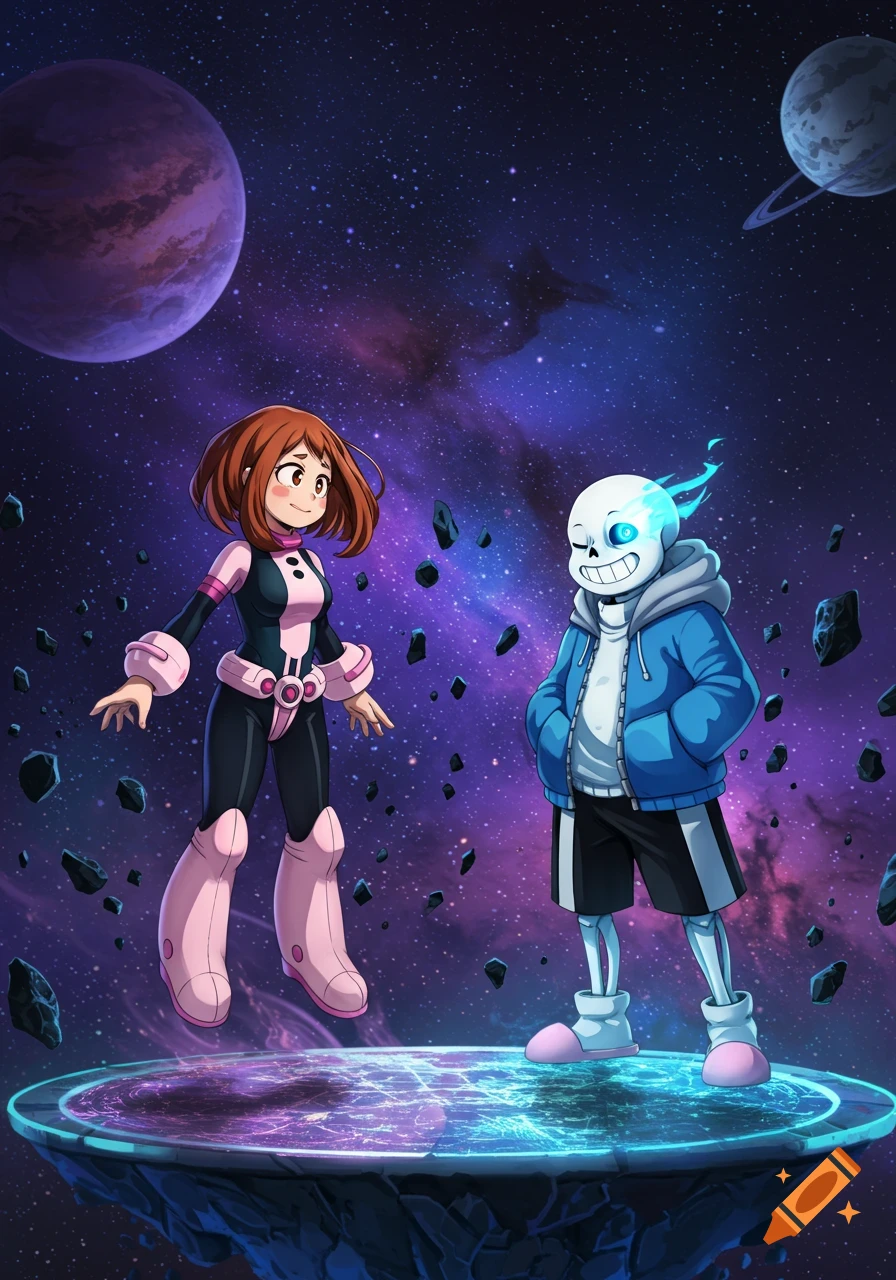 Ochaco Uraraka and Sans from Undertale stand on a glowing platform in a colorful space scene with planets and asteroids, digital art.