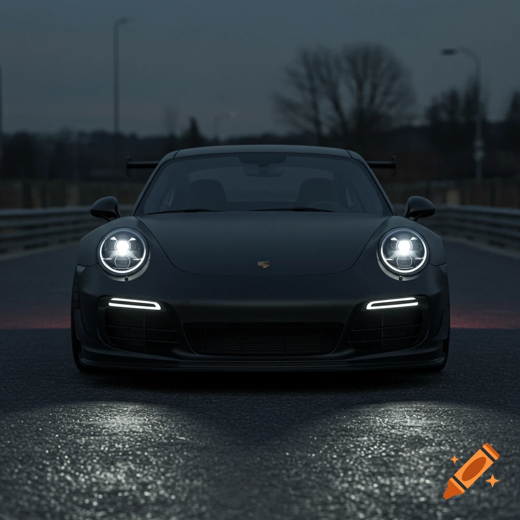 A matte black Porsche 911 with bright headlights sits on a wet road at night, viewed from the front.
