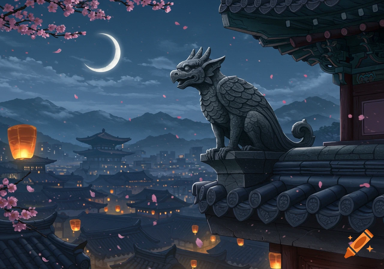 A stone gargoyle sits on a traditional Asian rooftop overlooking a city with glowing lanterns and cherry blossoms under a crescent moon.