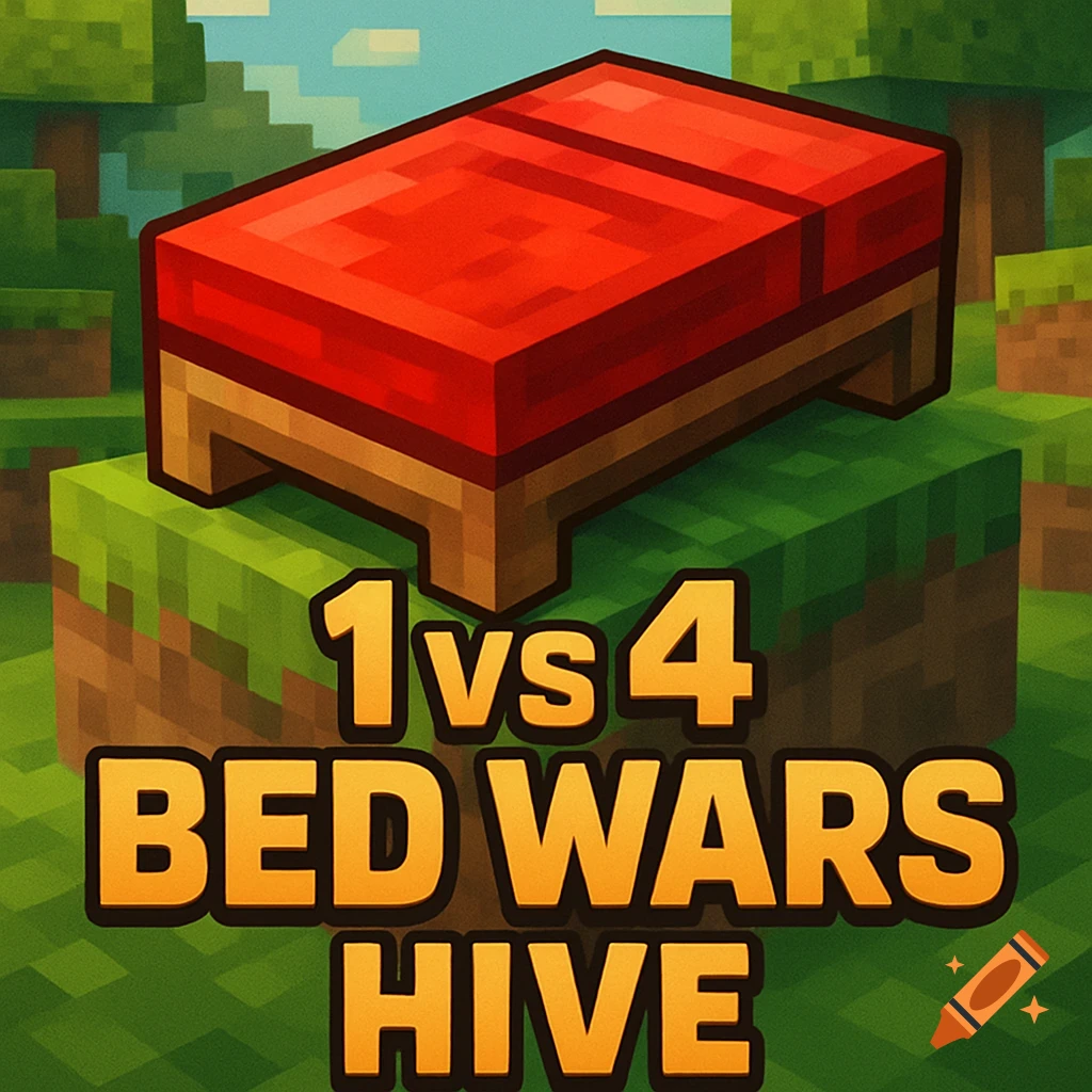 A blocky red bed on a green, pixelated landscape, with the text "1 vs 4 BED WARS HIVE" below it, in a Minecraft-like style.