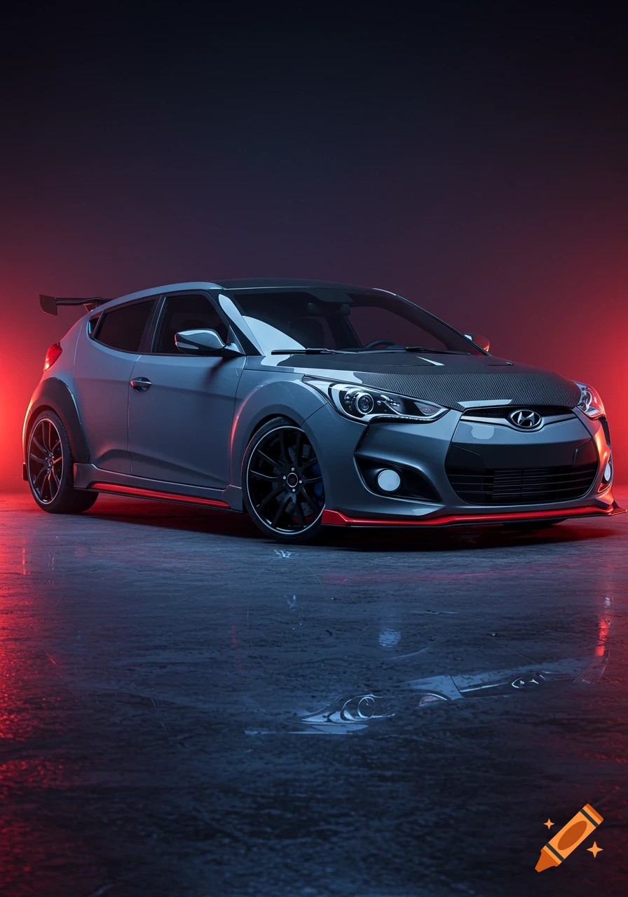A photorealistic image of a modified gray Hyundai Veloster with red and black accents and neon underglow.