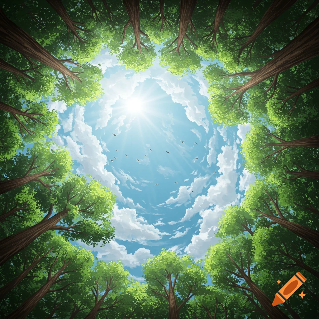 A view looking up at a bright blue sky with clouds and flying birds, framed by green tree canopies.