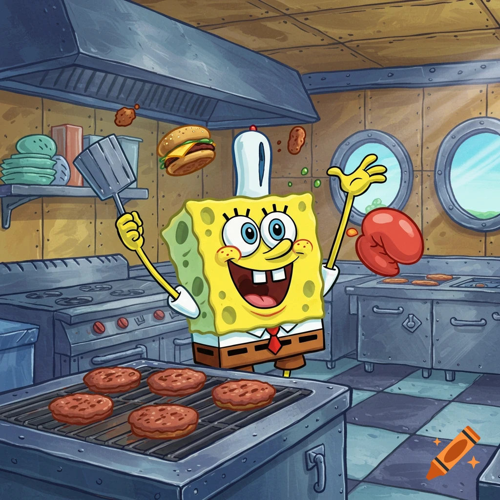 SpongeBob SquarePants happily cooking krabby patties in a cartoon kitchen, flipping a burger in the air.