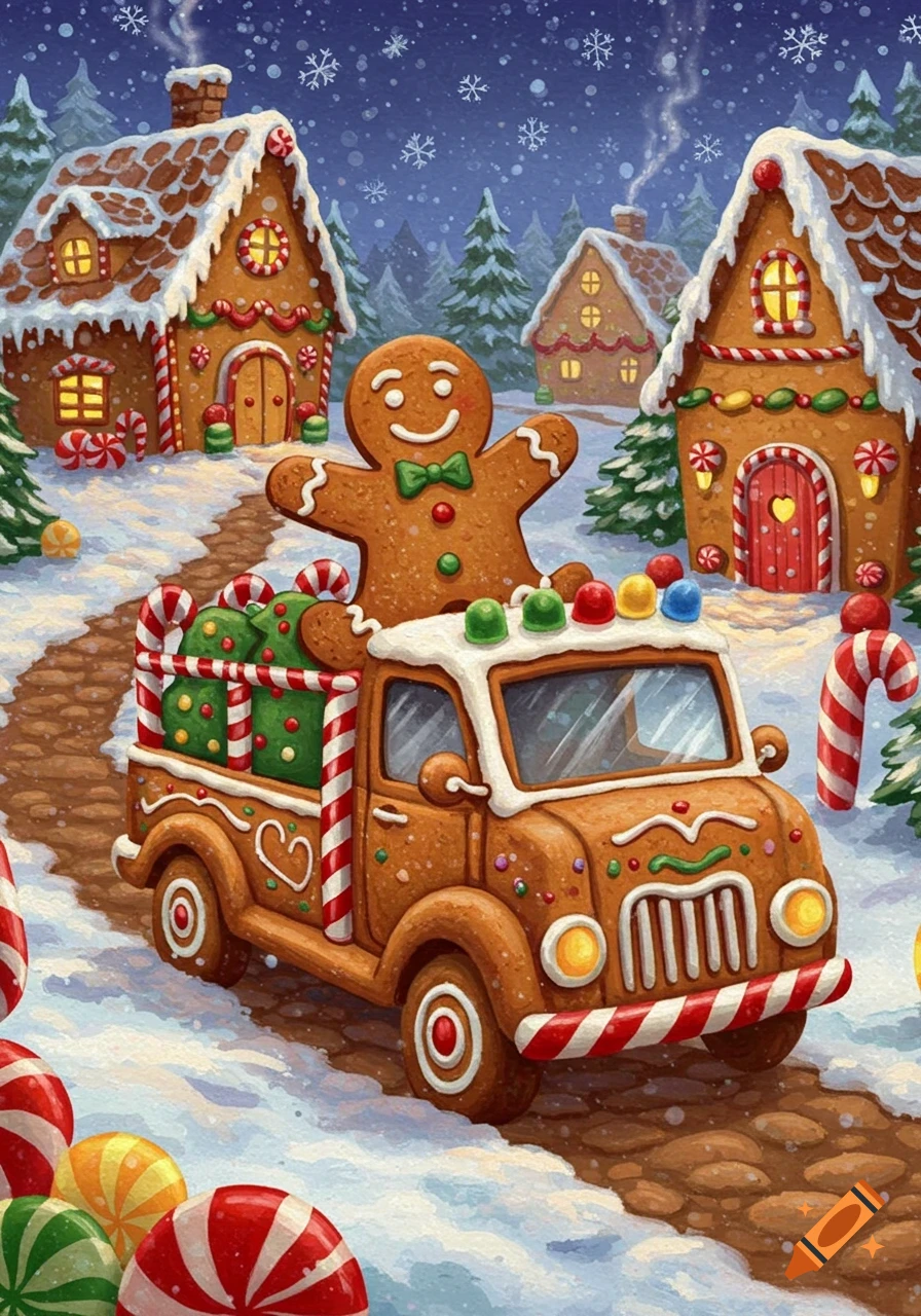 An illustrated scene of a gingerbread man standing on a gingerbread truck, driving past gingerbread houses in a snowy, candy-filled landscape at night.