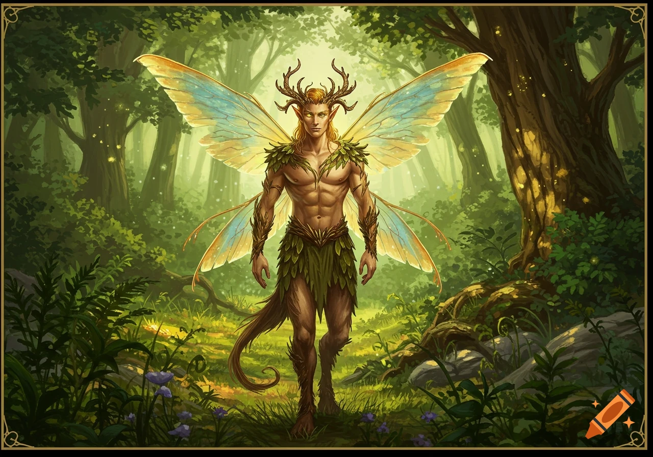 A muscular male fae creature with large wings and antlers stands in a sunlit green forest, illustration.