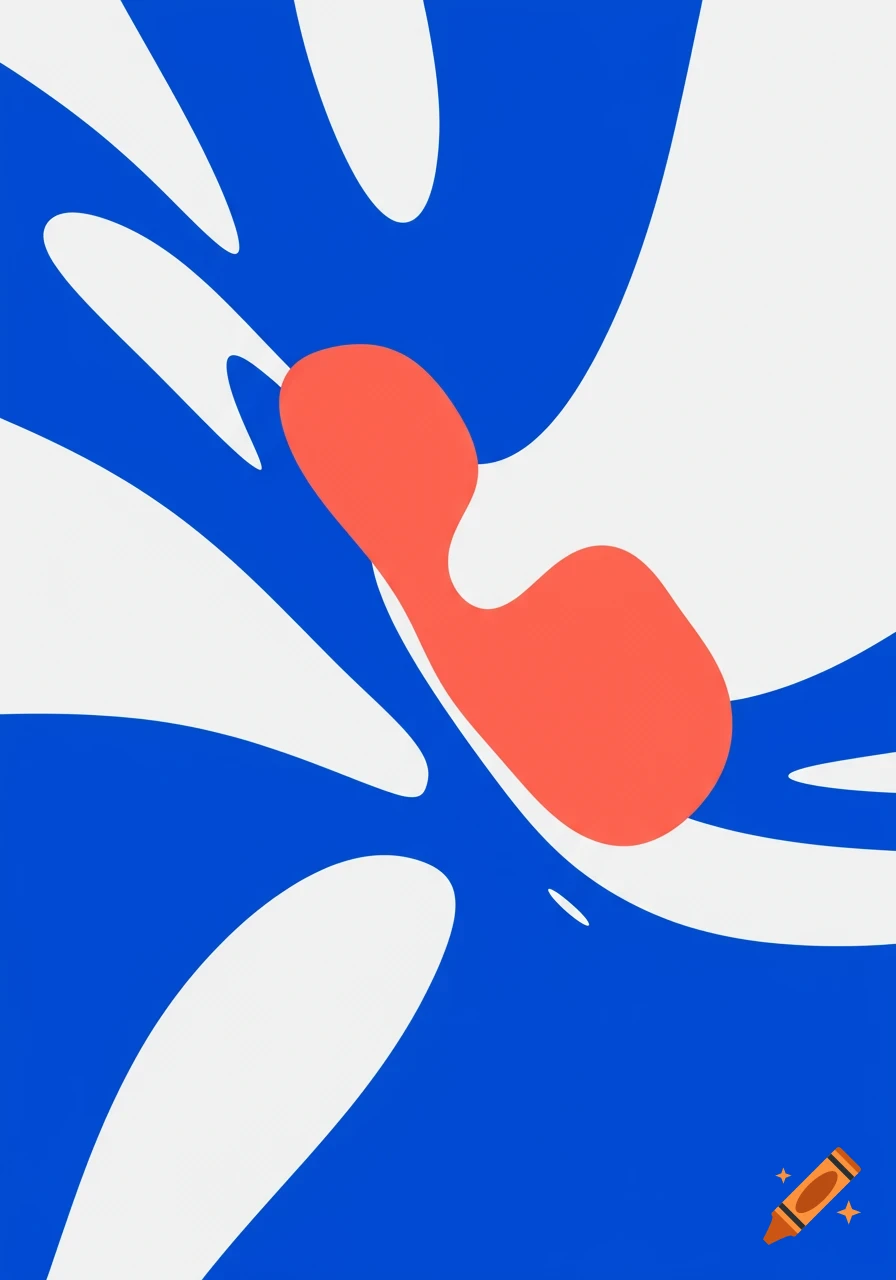 Abstract composition with flowing white and blue shapes, accented by a central coral blob.