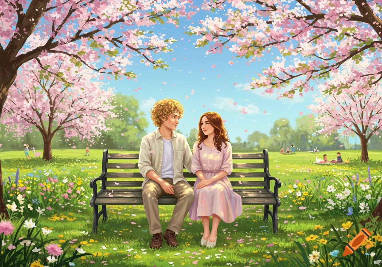 Illustrated man and woman sitting on a park bench under pink cherry blossom trees in a vibrant spring park.