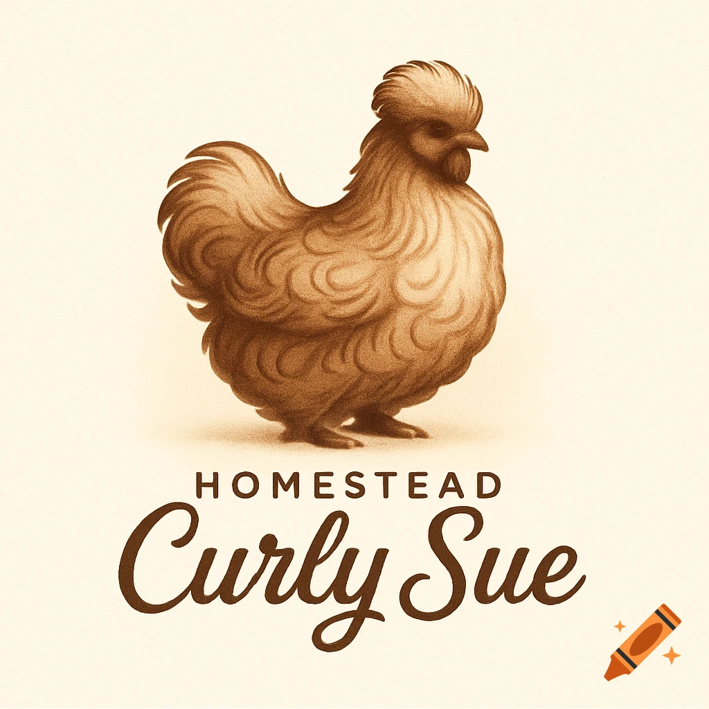 A brown stylized silky chicken logo with text 'HOMESTEAD Curly Sue' below it.