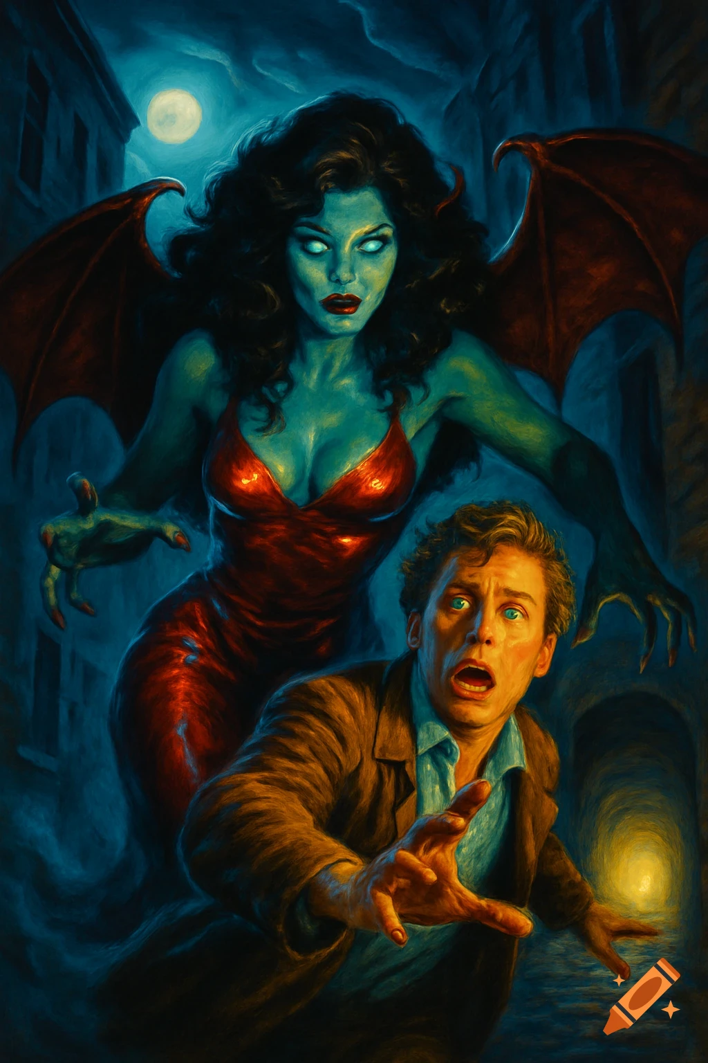 A dark fantasy illustration of a monstrous woman with red wings and glowing eyes looming over a terrified man in a moonlit alley.