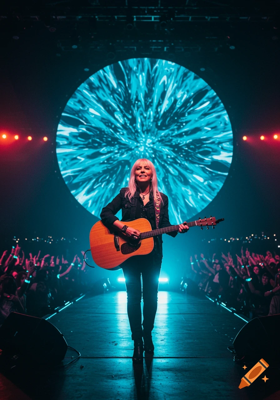 A woman with pink hair plays an acoustic guitar on a stage with a large blue abstract screen behind her and an audience in the foreground.