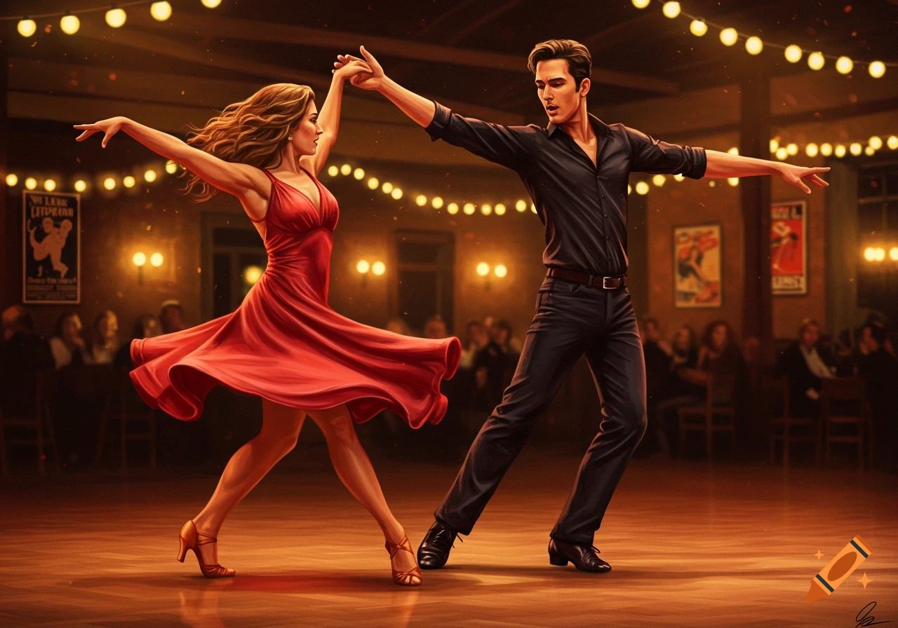 Two dancers, a woman in a red dress and a man in black, perform a West Coast Swing style dance on a wooden floor under string lights.