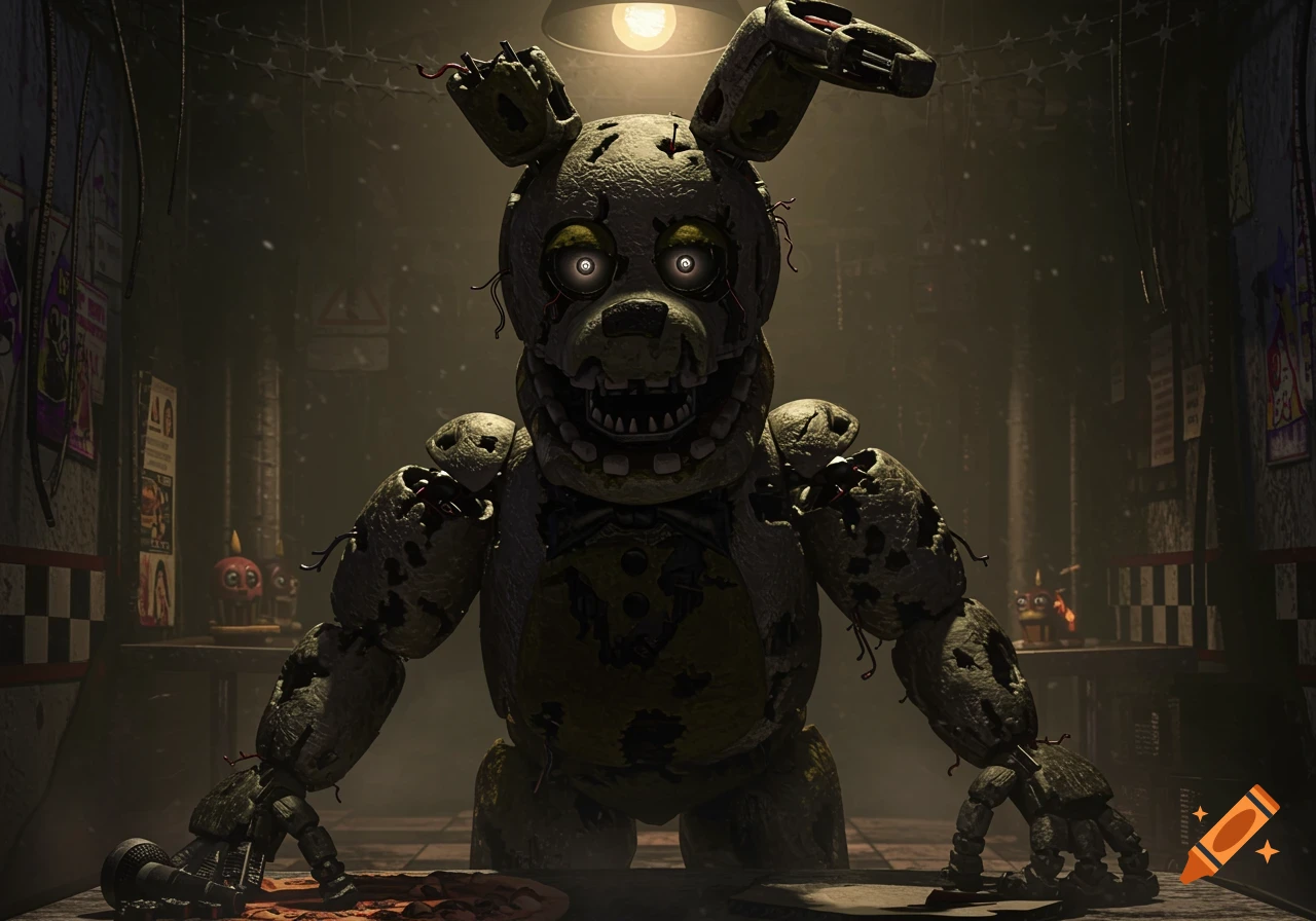 A menacing, worn-out animatronic rabbit with glowing eyes stands in a dark, dilapidated room, looking directly forward.