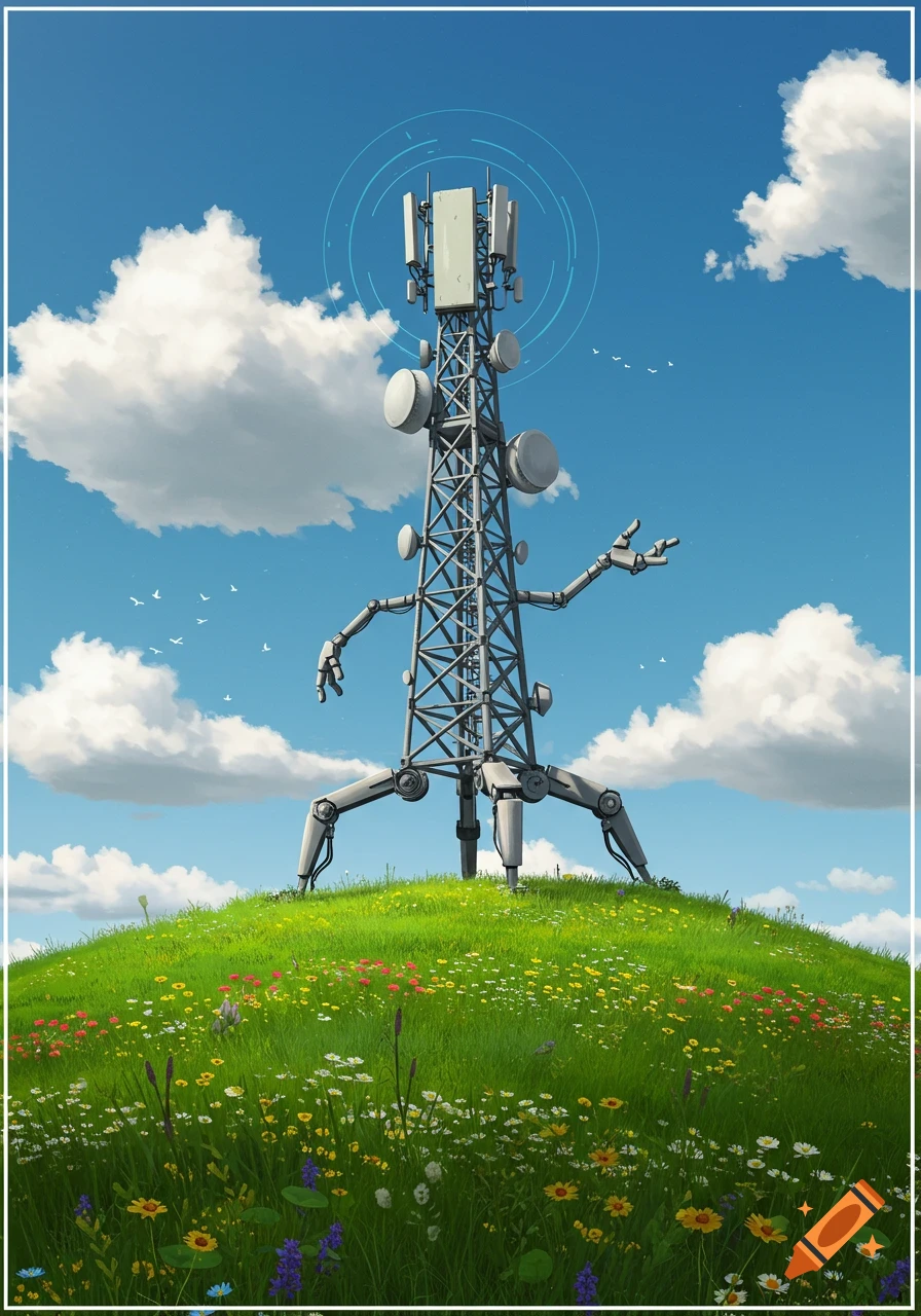 A whimsical cell phone tower with robotic limbs stands on a vibrant green hill filled with flowers under a blue sky. Illustration.