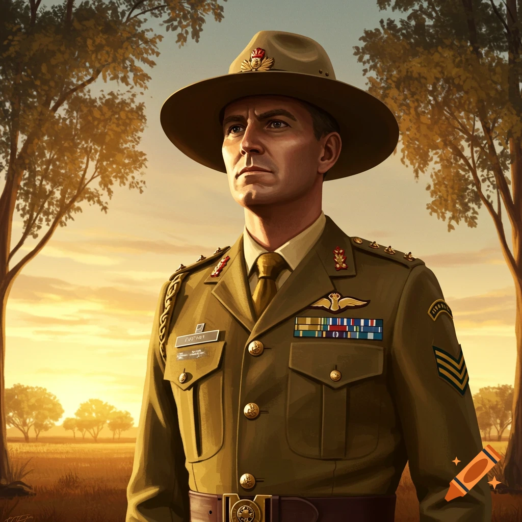 A stern Australian army officer in uniform and hat stands in a field at sunset.