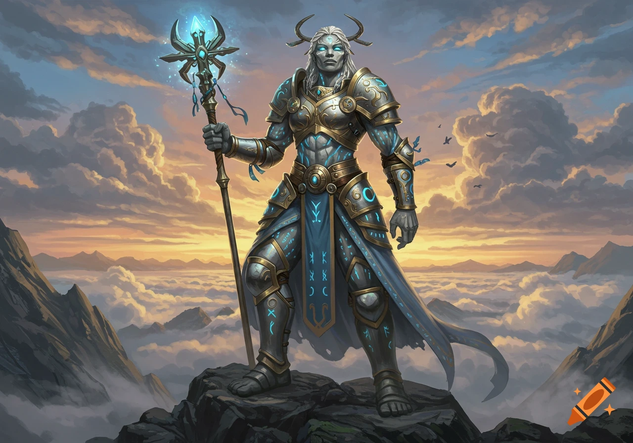 A powerful armored fantasy warrior stands on a mountain peak holding a glowing staff, overlooking a cloudy landscape at sunset.