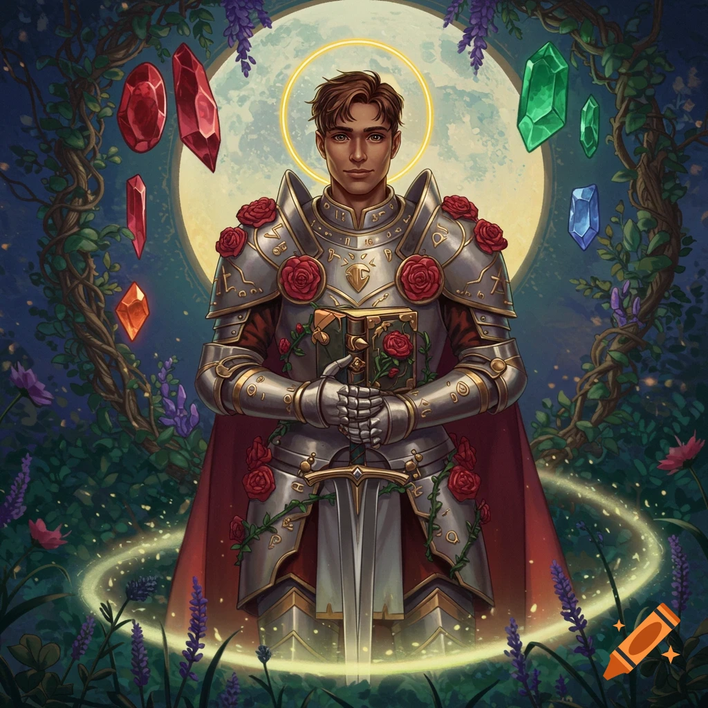 An ornate knight in rose-adorned silver armor holds a book, with a halo and glowing jewels in a mystical forest under a moon.