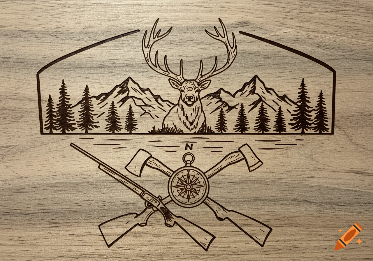 Monochrome line art of an elk, mountains, and pine trees above a compass, rifle, and axe, on a wood texture.