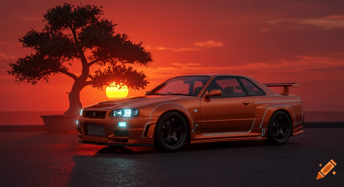 A metallic orange Nissan Skyline R34 car parked on asphalt, with a bonsai tree and a vibrant red sunset in the background. Photorealistic style.
