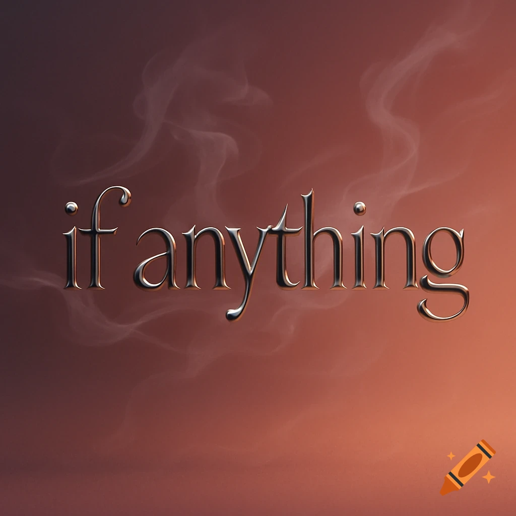 Metallic silver text 'if anything' on a smoky, gradient background of warm brown and orange tones.