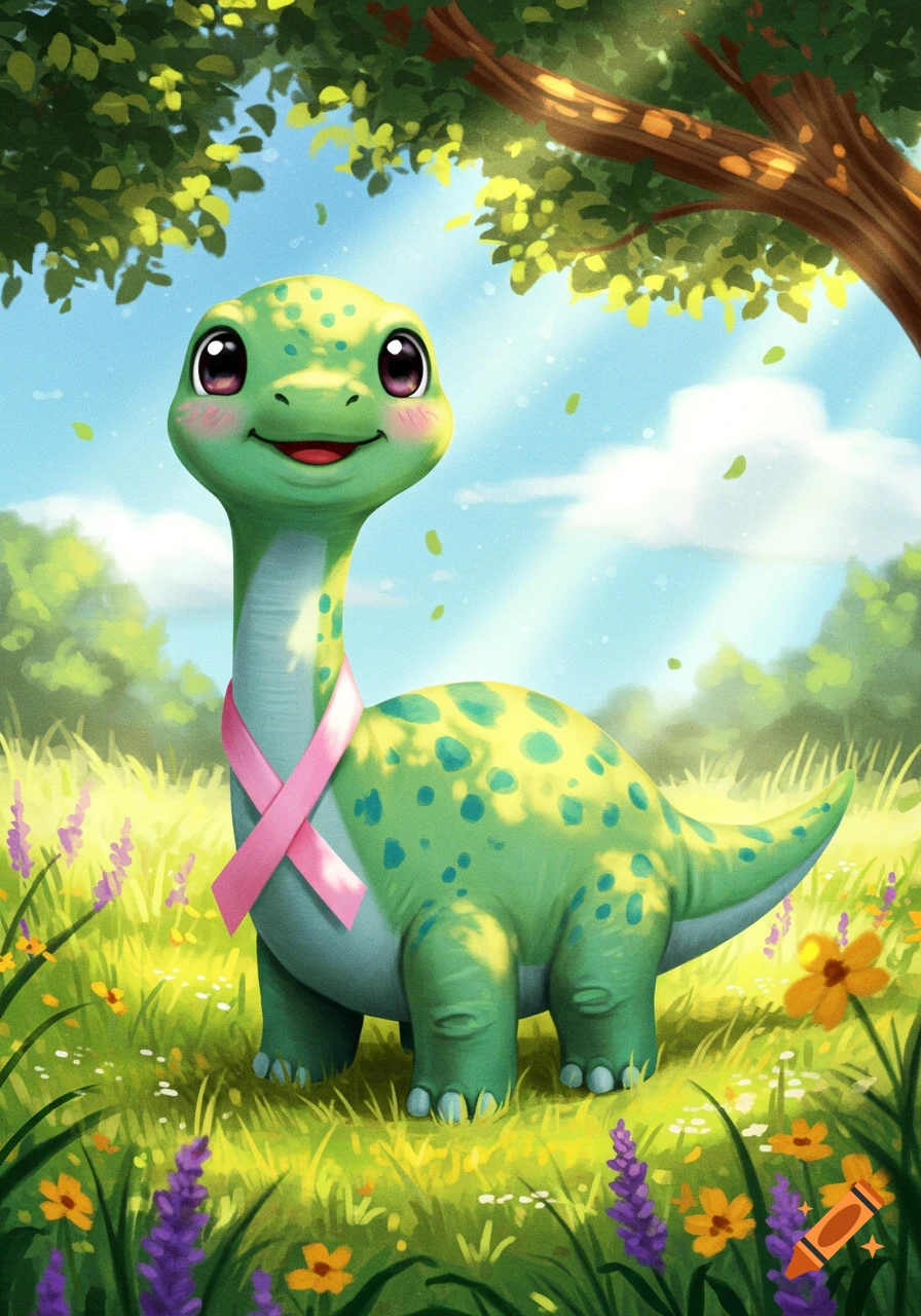 A cute, smiling green dinosaur wearing a pink ribbon stands in a vibrant, sunny field with wildflowers under a tree.