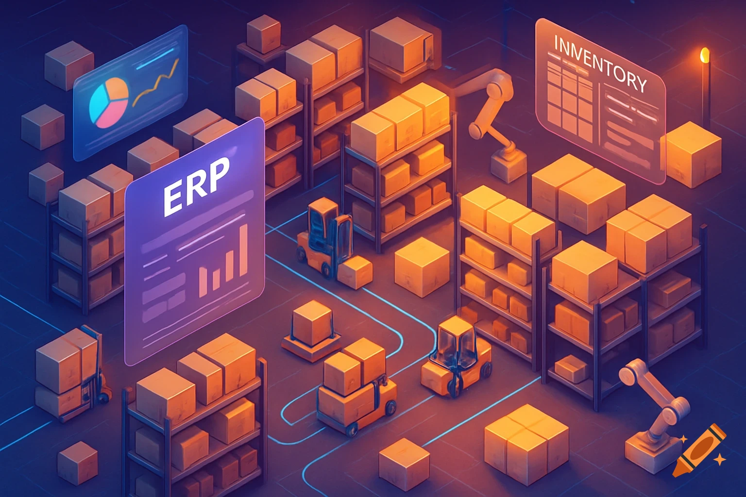 Isometric digital art of a warehouse with shelves, boxes, forklifts, robotic arms, and glowing screens showing 'ERP' and 'INVENTORY'.