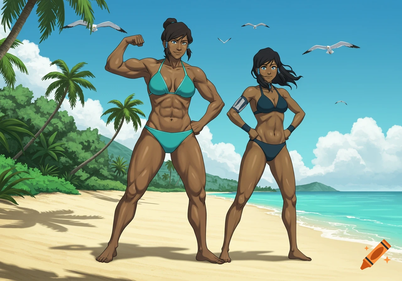 Cartoon of a muscular woman flexing in a blue bikini next to another woman in a bikini on a sandy beach with palm trees and ocean.