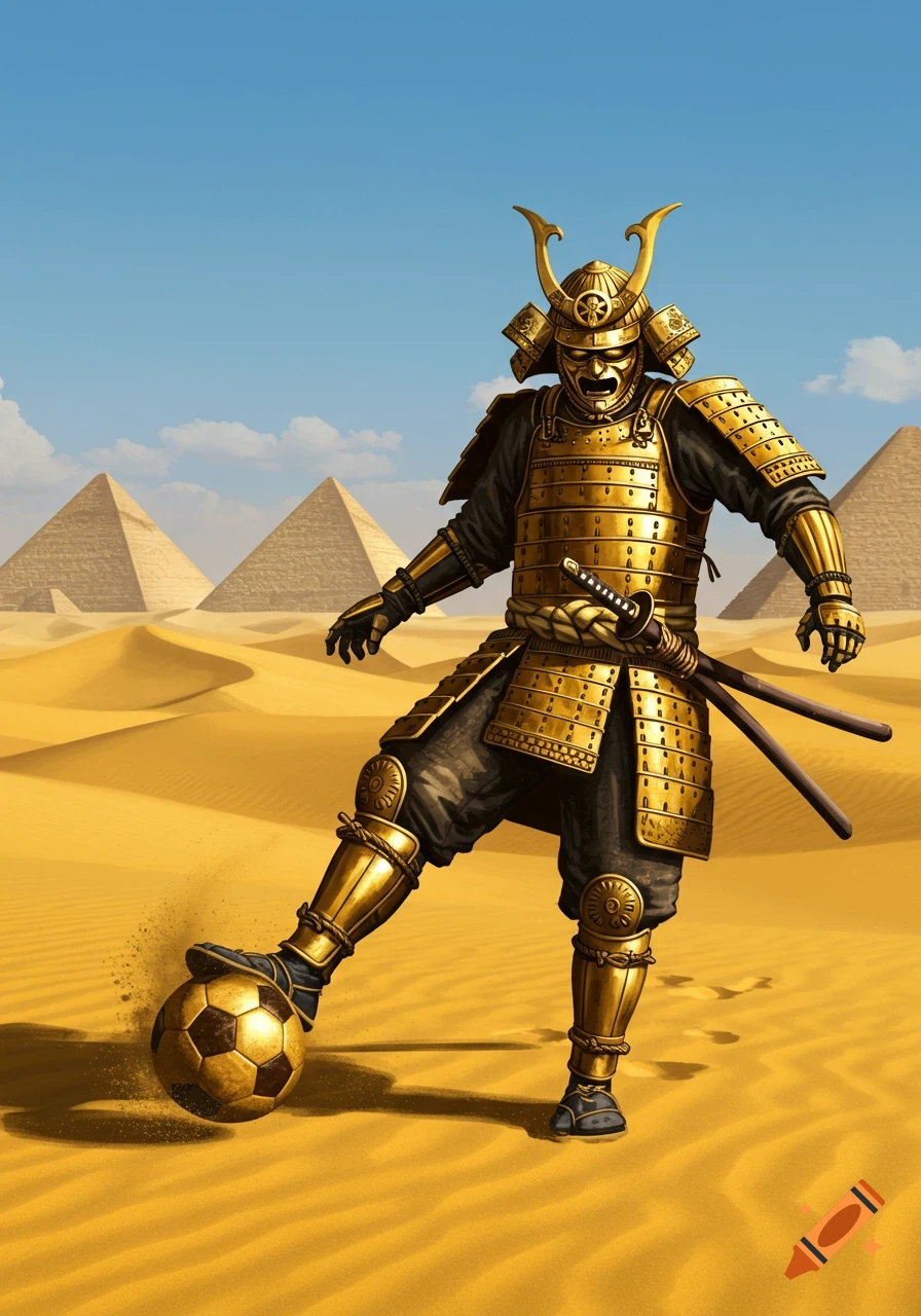 A golden samurai in full armor kicks a soccer ball in a sandy desert with pyramids under a blue sky.