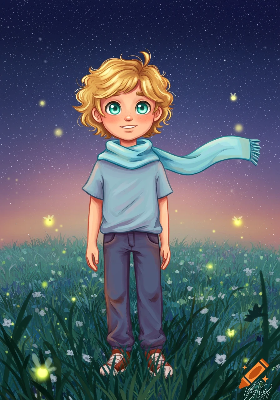 A cartoon illustration of a young boy with blonde curly hair and green eyes, wearing a blue shirt and flowing blue scarf, standing in a field of green grass with fireflies under a starry night sky.