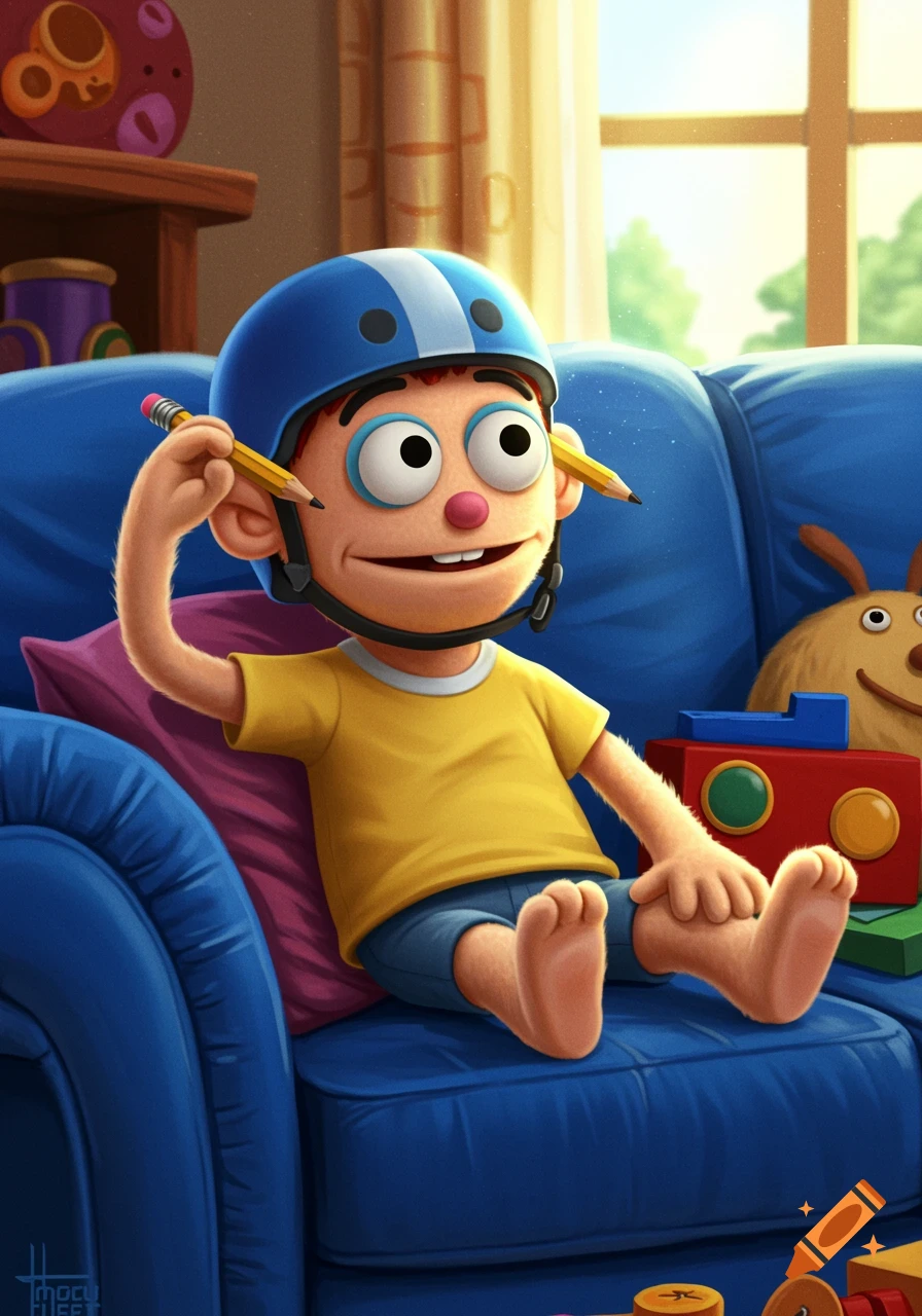 A cartoon boy wearing a blue helmet and yellow shirt, sitting on a blue couch with pencils behind his ears, in a bright living room.