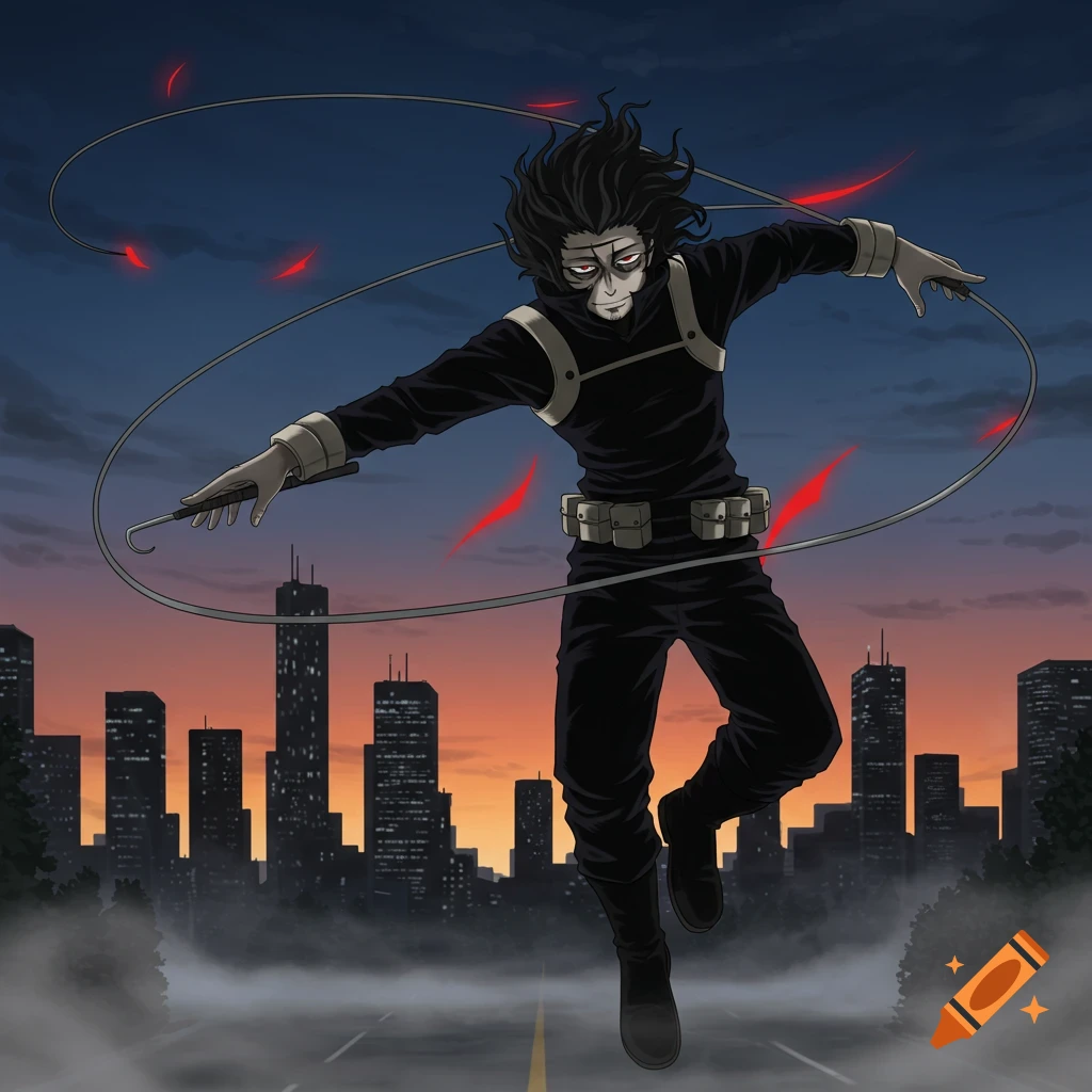 An anime character, Aizawa, floats above a city street at dusk, holding his capture weapon with red glow. City skyline in background.