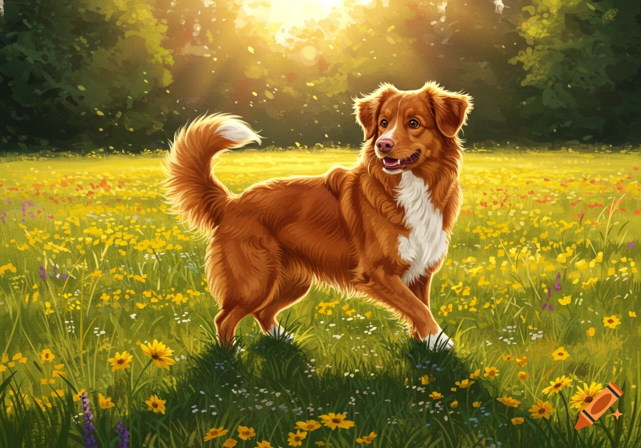 An illustrated Nova Scotia Duck Tolling Retriever stands in a vibrant, sunlit field filled with yellow and purple flowers.