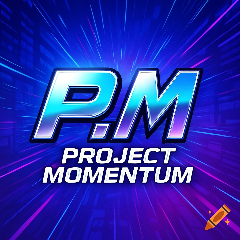 Vibrant blue and purple logo for "P.M Project Momentum" with radial light rays, like a game title screen.