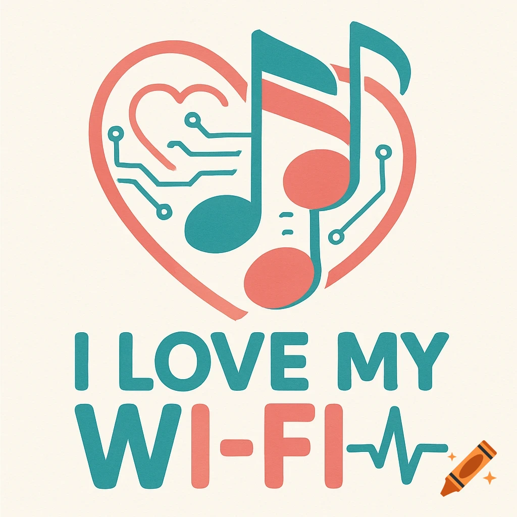 A graphic logo featuring a heart with circuit lines and musical notes, with the text 'I LOVE MY WI-FI' in teal and coral colors.