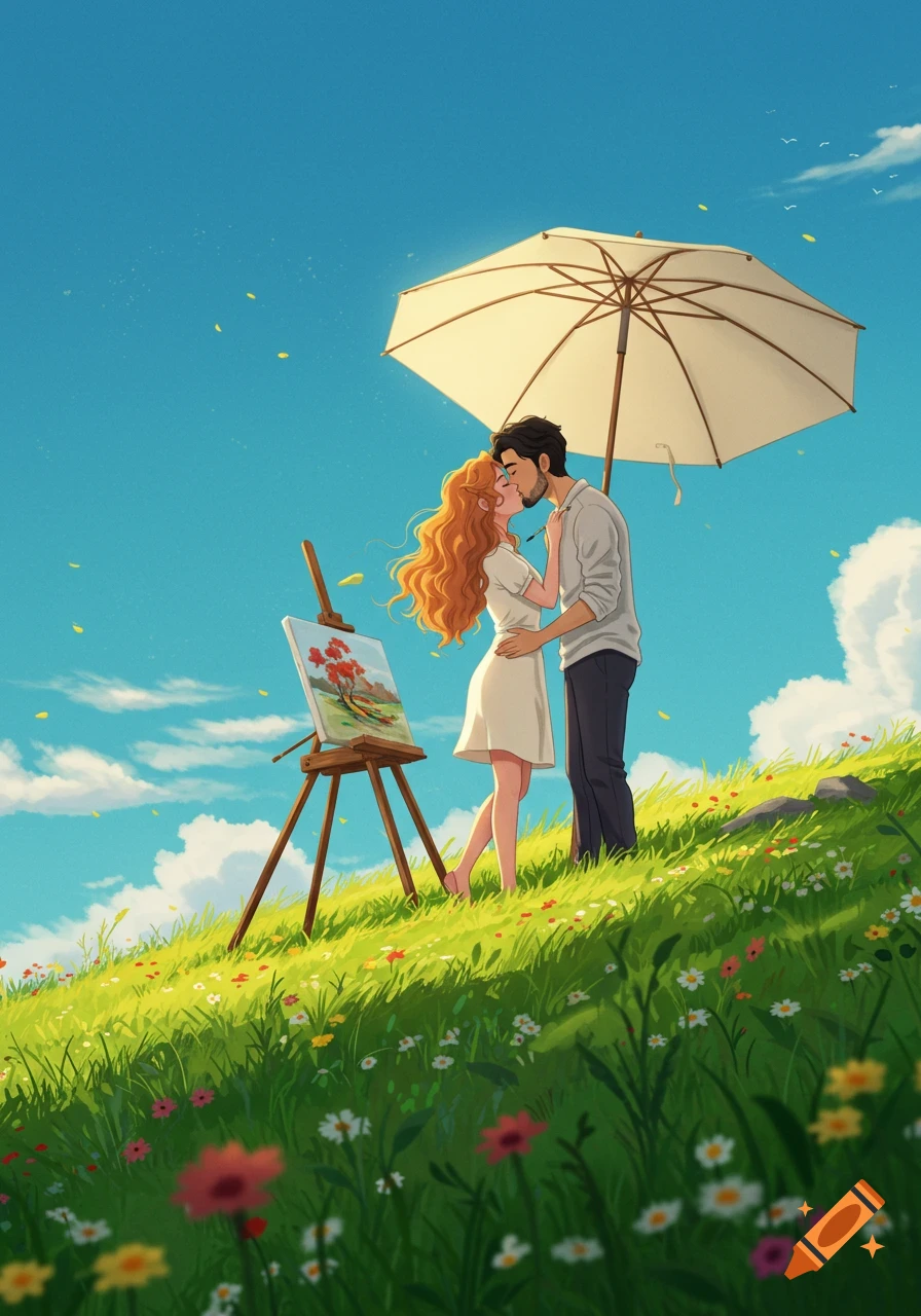 An animated scene of a man kissing a woman with long red hair as she paints at an easel on a grassy hill under a cream umbrella.