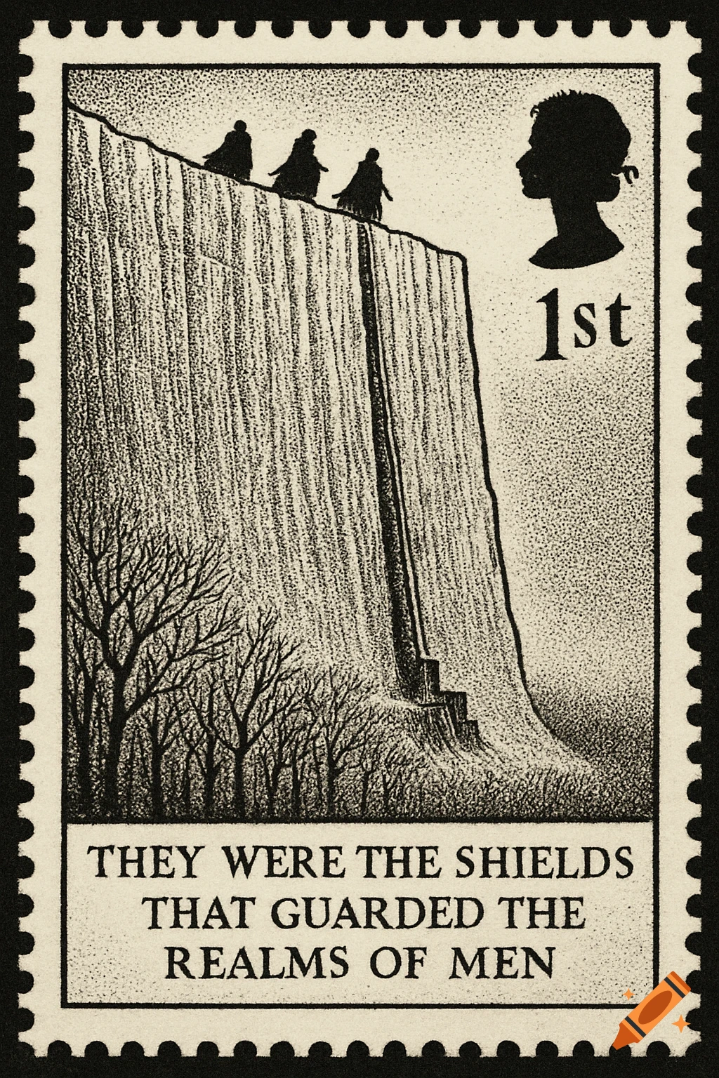 Black and white postage stamp illustration with cloaked figures on a towering icy wall, text, and a queen's head silhouette.
