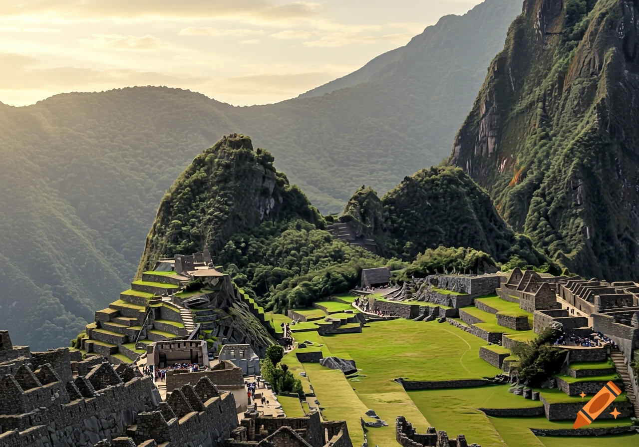 Panoramic view of Machu Picchu, an ancient stone city nestled high in lush green mountains under a bright sky.