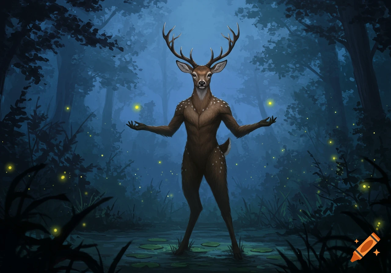 A deer-headed humanoid with antlers and muscular arms stands in a dark, misty forest with glowing fireflies in digital art.