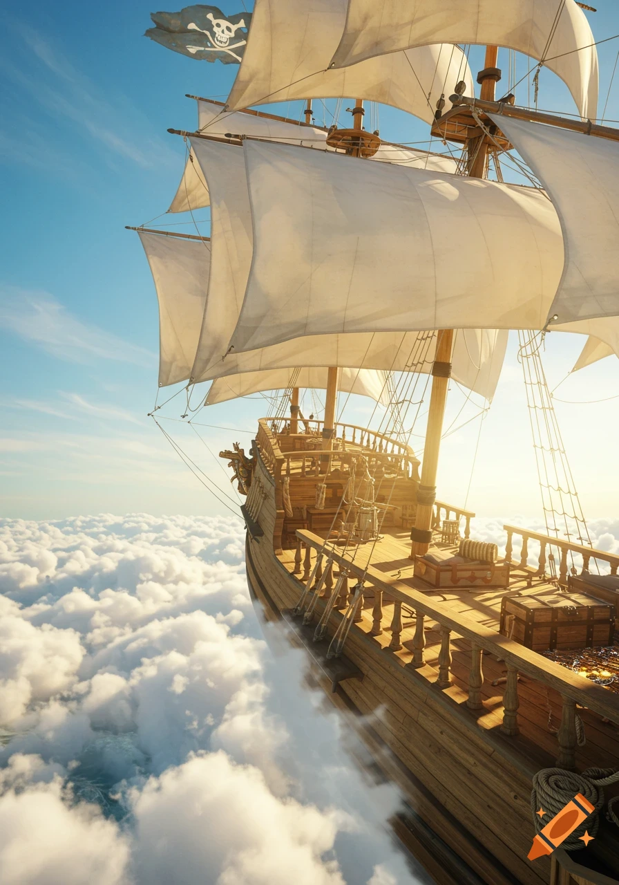 A detailed pirate ship with white sails floats above a sea of fluffy white clouds under a bright blue sky.