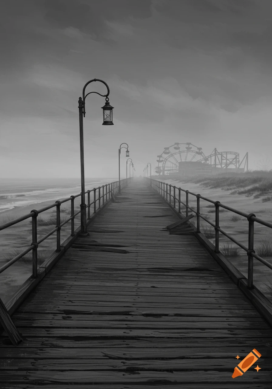 A dim, grayscale view of an old wooden boardwalk stretching into a misty distance on a beach, with an abandoned amusement park.