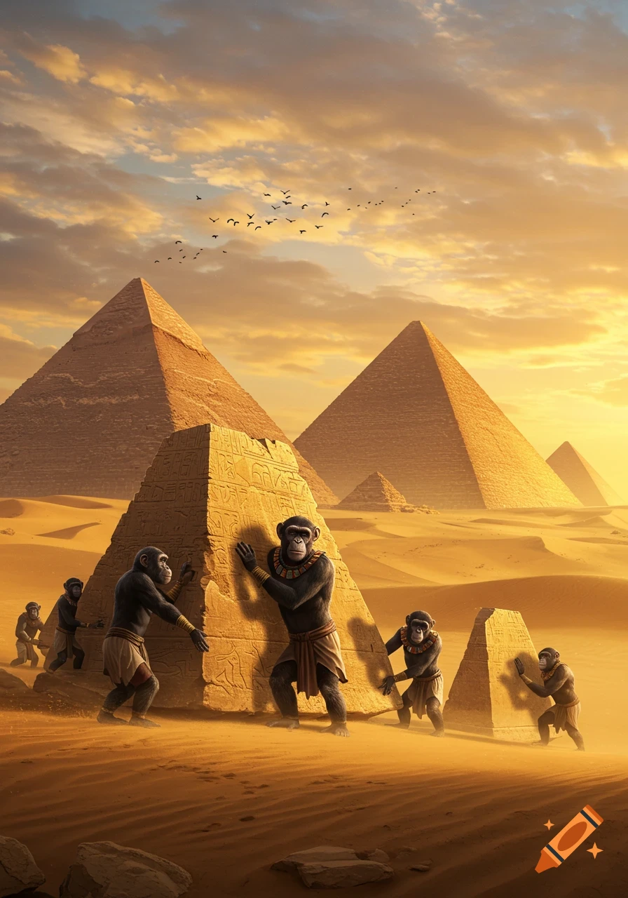 Apes in ancient Egyptian attire push and climb on pyramid-shaped structures adorned with hieroglyphs in a desert landscape with large pyramids under a sunset sky.