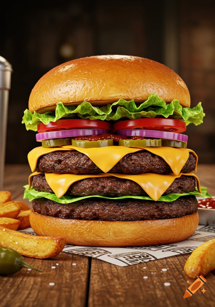 A photorealistic close-up of a tall triple-patty smash burger with lettuce, tomato, onion, pickles, and melted cheese, served with potato wedges on a wooden table.