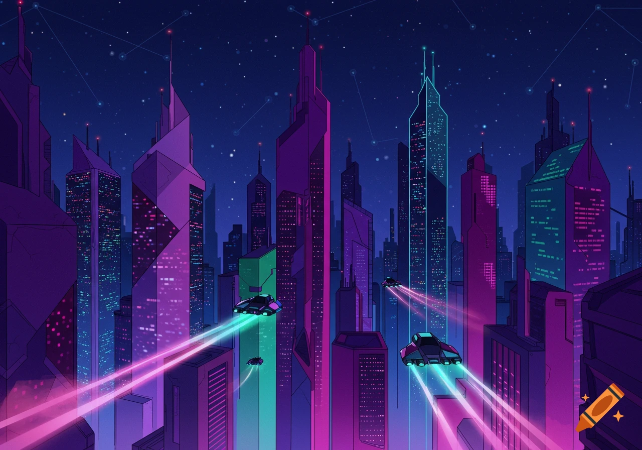 Vector art of a neon-lit futuristic city at night with flying vehicles leaving light trails.