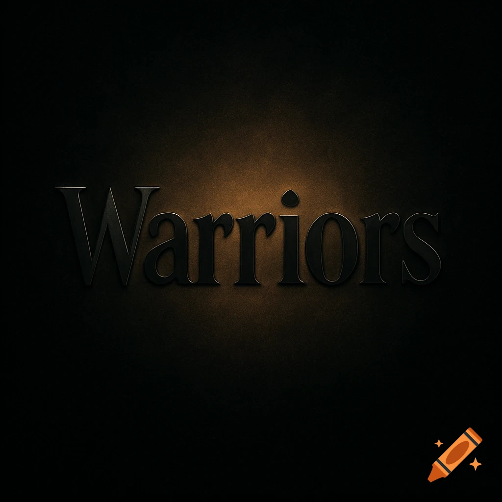 The word Warriors in dark, stylized text with a gold glow on a black background.