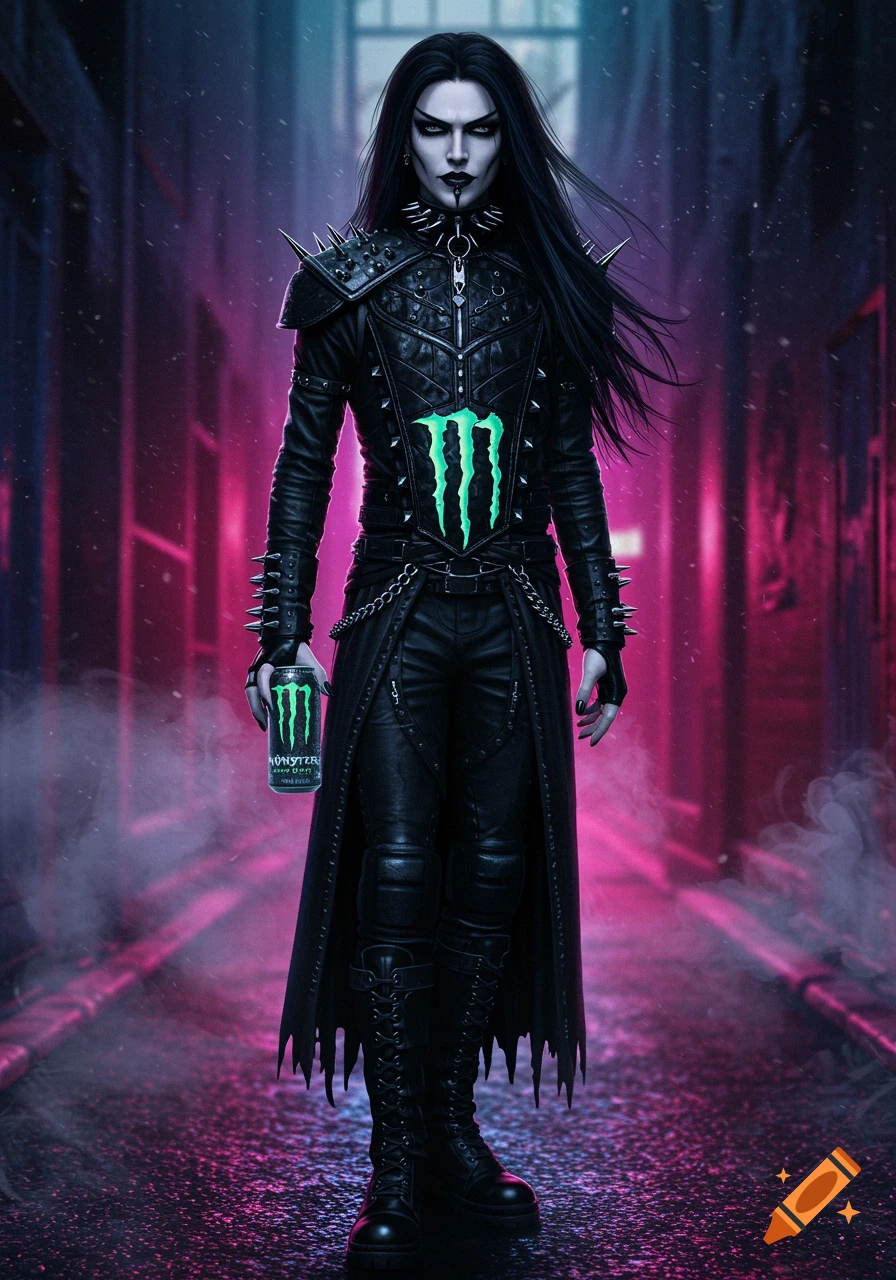 A goth person in black spiked attire holds a Monster Energy drink in a neon-lit urban alley.