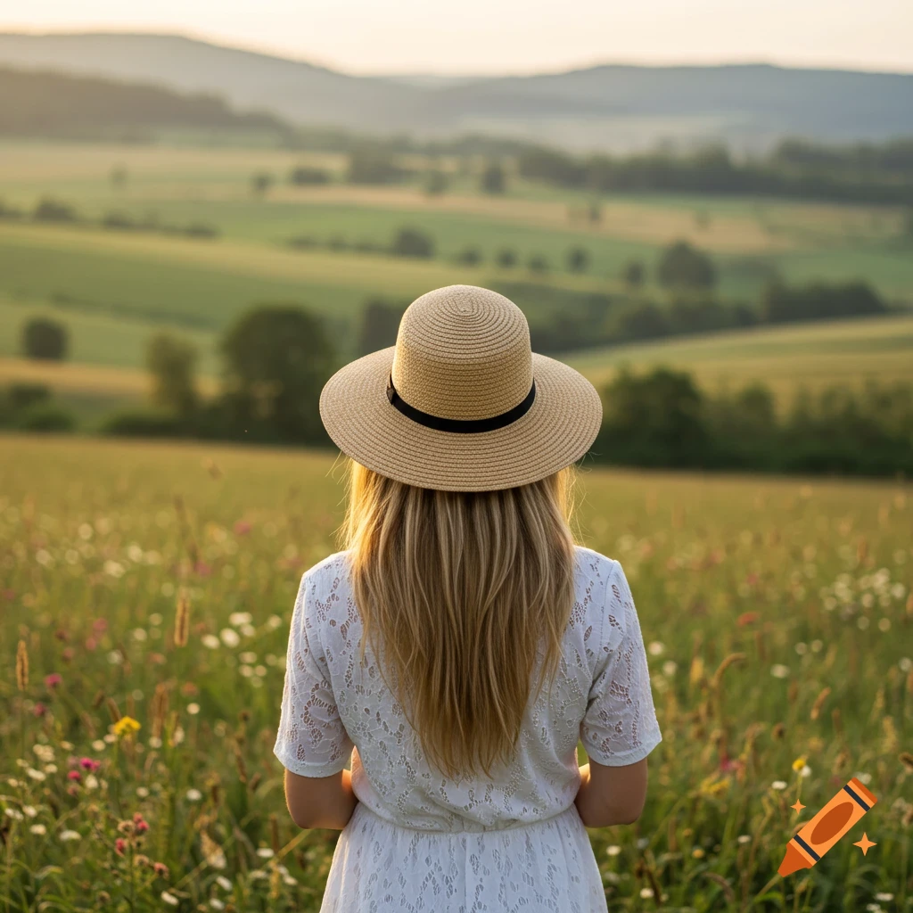 A woman in a white dress and straw hat stands in a wildflower field, looking over rolling green hills and mountains at sunset.