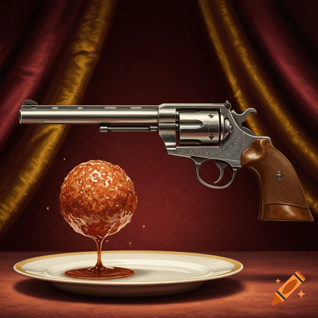 A large meatball with sauce on a plate, with a shiny revolver floating above it against a red and gold curtain background.