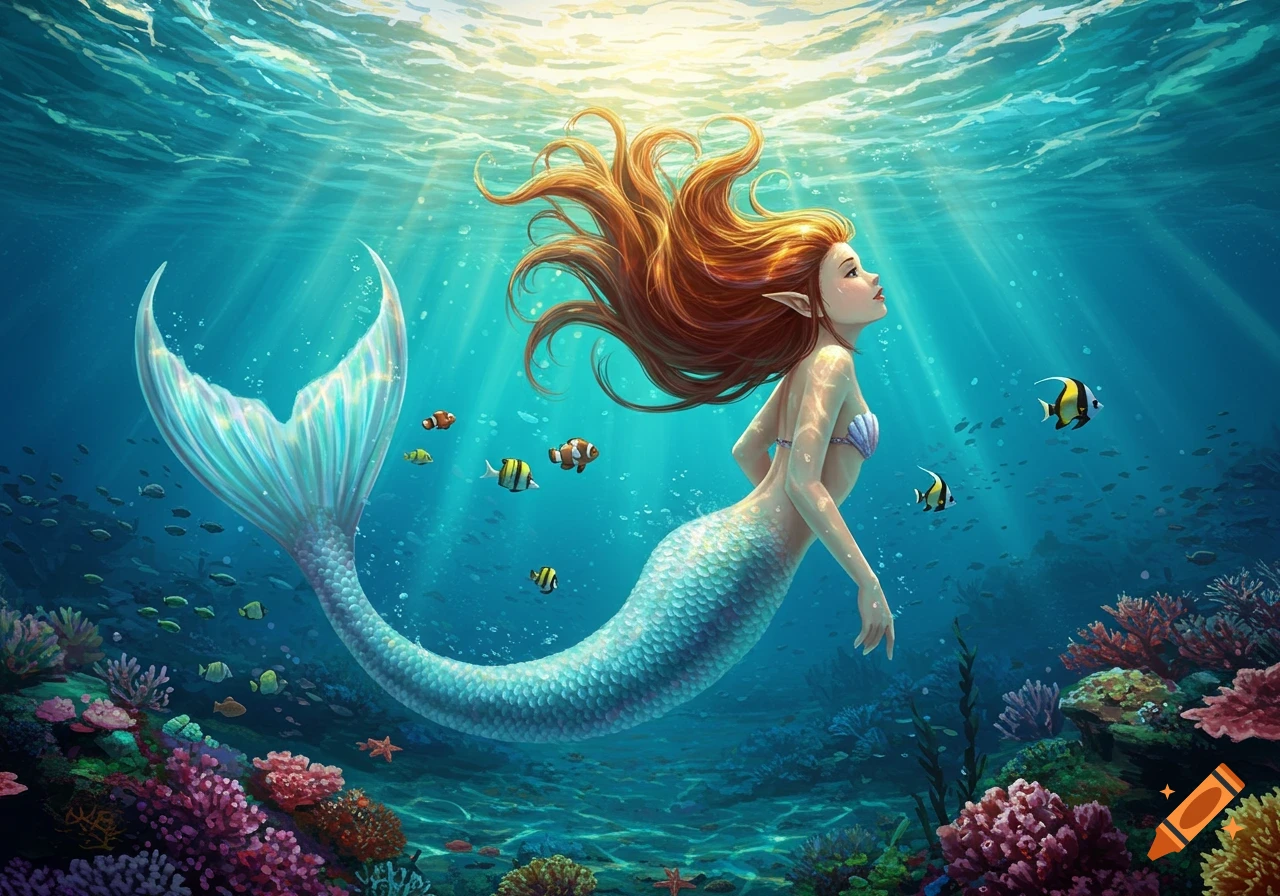 A beautiful mermaid with flowing red hair and a light blue tail swims upward towards sunlight in a vibrant coral reef.