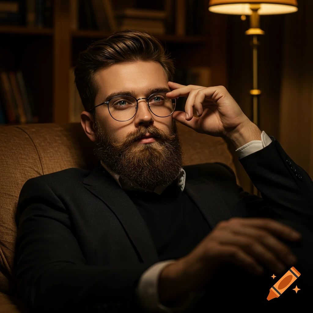 A handsome man with a full beard and mustache, wearing glasses and a suit, sits in a dimly lit room with a thoughtful expression.
